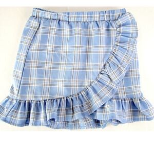 Blue, White & Black Plaid Ruffle Faux Wrap Mini Skirt (10Y/Jrs=Women's S🤷) NWOT